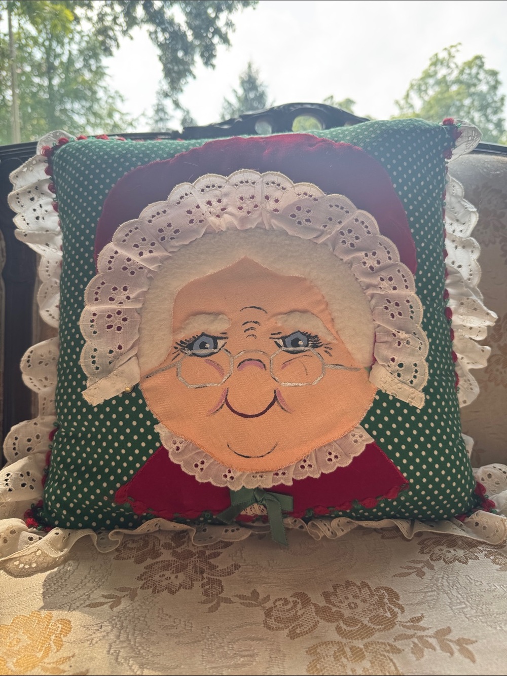 Handcrafted Green Polka Dot Mrs. Claus Decorative Pillow